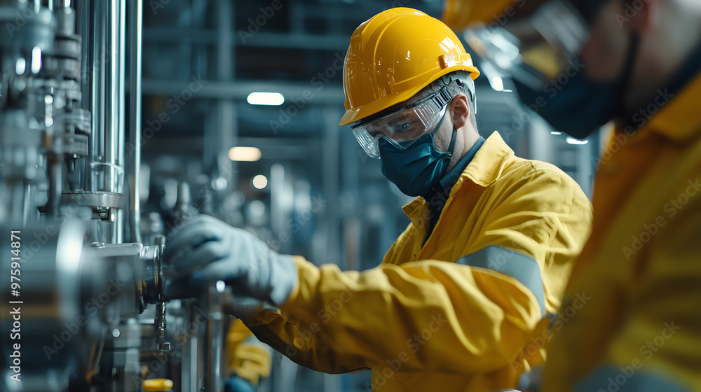 Two factory workers in yellow safety gear operating machinery Two factory workers in yellow safety gear operating machinery