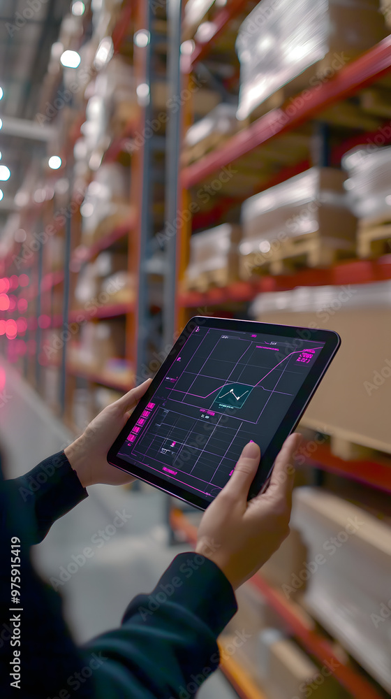 Person using a digital tablet in a stocked warehouse Person using a digital tablet in a stocked warehouse