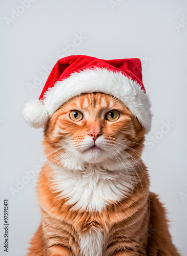 Portrait of a ginger cat in a santa hat