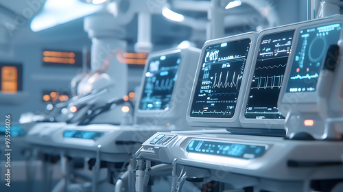 Medical monitoring equipment in modern hospital environment.