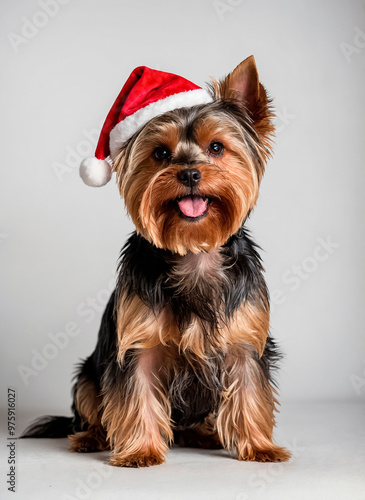 Yorkshire Terrier in santa hat on a gray background 