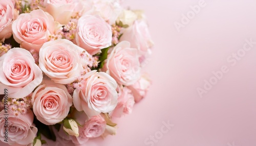 a delicate bouquet of festive roses and light pink flowers creates a soft pastel backdrop perfect for a floral card