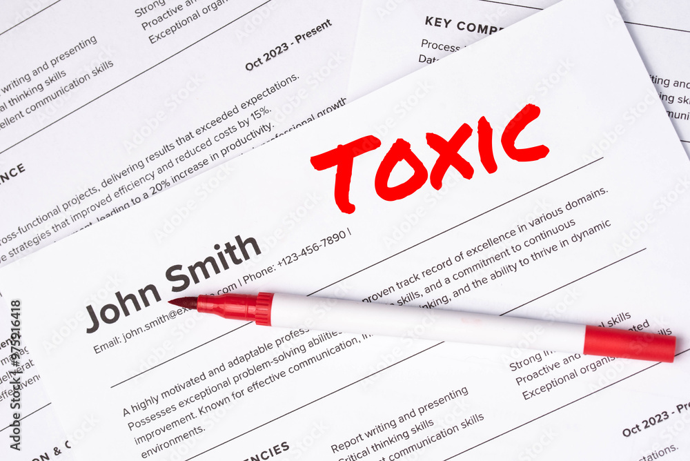 Fake mock CV (curriculum vitae) for John Smith, rejected by HR as not the right candidate. Concept of job search, hiring mismatch, recruitment process, and rejection. Toxic Candidate Fake mock CV (curriculum vitae) for John Smith, rejected by HR as not the right candidate. Concept of job search, hiring mismatch, recruitment process, and rejection. Toxic Candidate