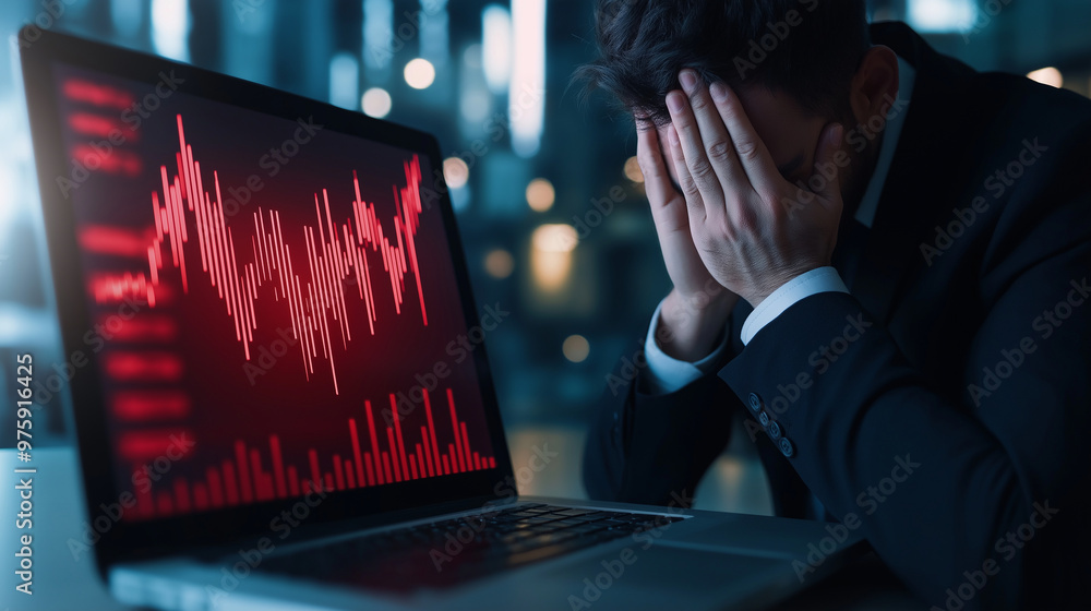 A stressed businessman in a suit, staring at a laptop screen with his hands covering his face, while a red falling graph dominates the display, representing the stock market crash. A stressed businessman in a suit, staring at a laptop screen with his hands covering his face, while a red falling graph dominates the display, representing the stock market crash.