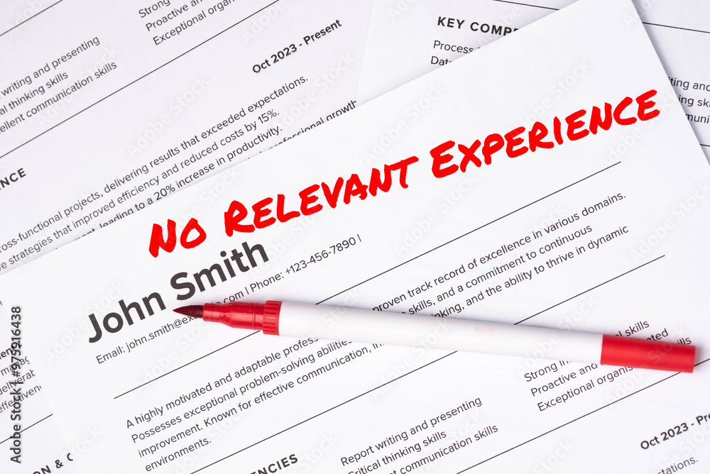 Fake mock CV (curriculum vitae) for John Smith, rejected by HR as not the right candidate. Concept of job search, hiring mismatch, recruitment process, and rejection. No Relevant Experience Fake mock CV (curriculum vitae) for John Smith, rejected by HR as not the right candidate. Concept of job search, hiring mismatch, recruitment process, and rejection. No Relevant Experience