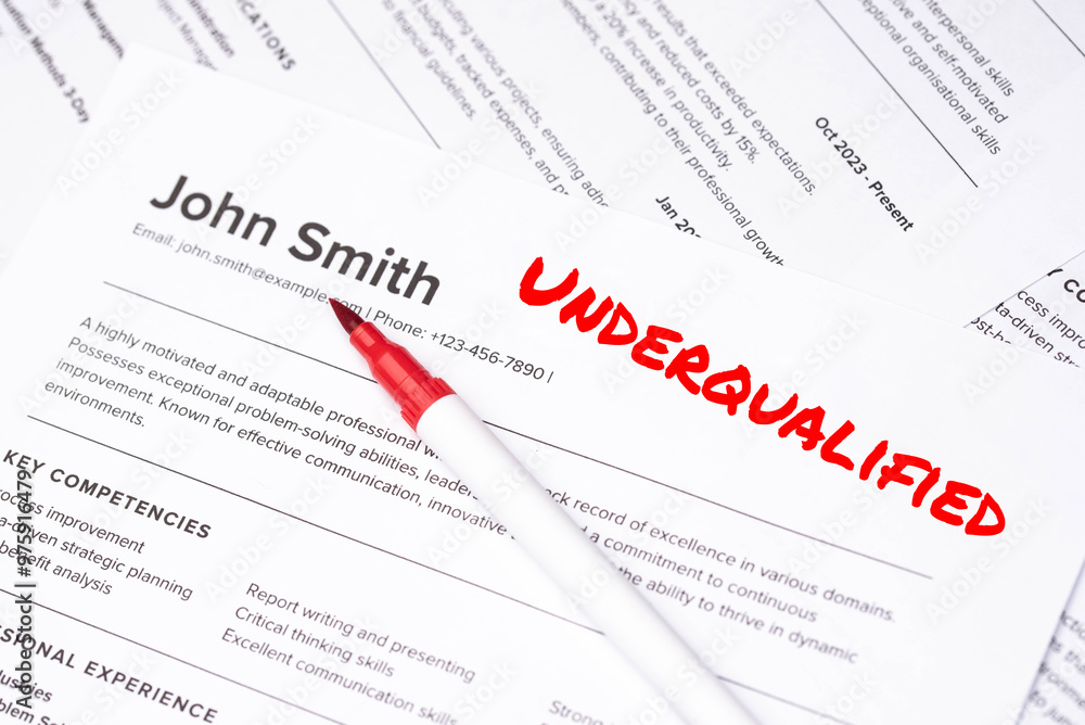 Fake mock CV (curriculum vitae) for John Smith, rejected by HR as not the right candidate. Concept of job search, hiring mismatch, recruitment process, and rejection. Underqualified Fake mock CV (curriculum vitae) for John Smith, rejected by HR as not the right candidate. Concept of job search, hiring mismatch, recruitment process, and rejection. Underqualified