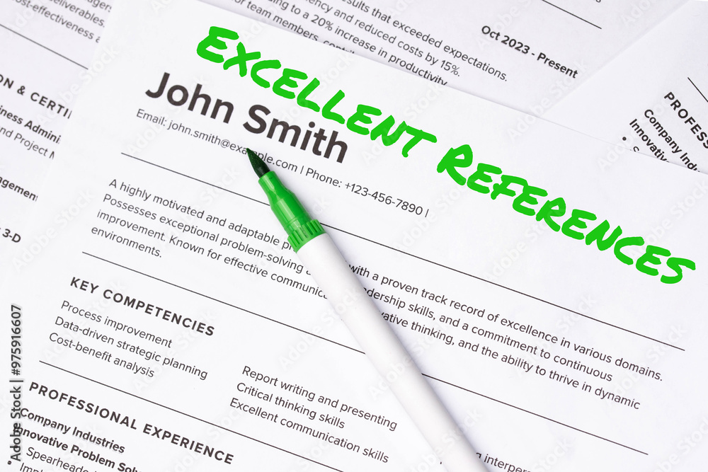 Fake mock CV curriculum vitae) resume for John Smith, selected by HR as perfect candidate for job. Concept of job search, employee selection recruitment process, work and hiring. Excellent References Fake mock CV curriculum vitae) resume for John Smith, selected by HR as perfect candidate for job. Concept of job search, employee selection recruitment process, work and hiring. Excellent References