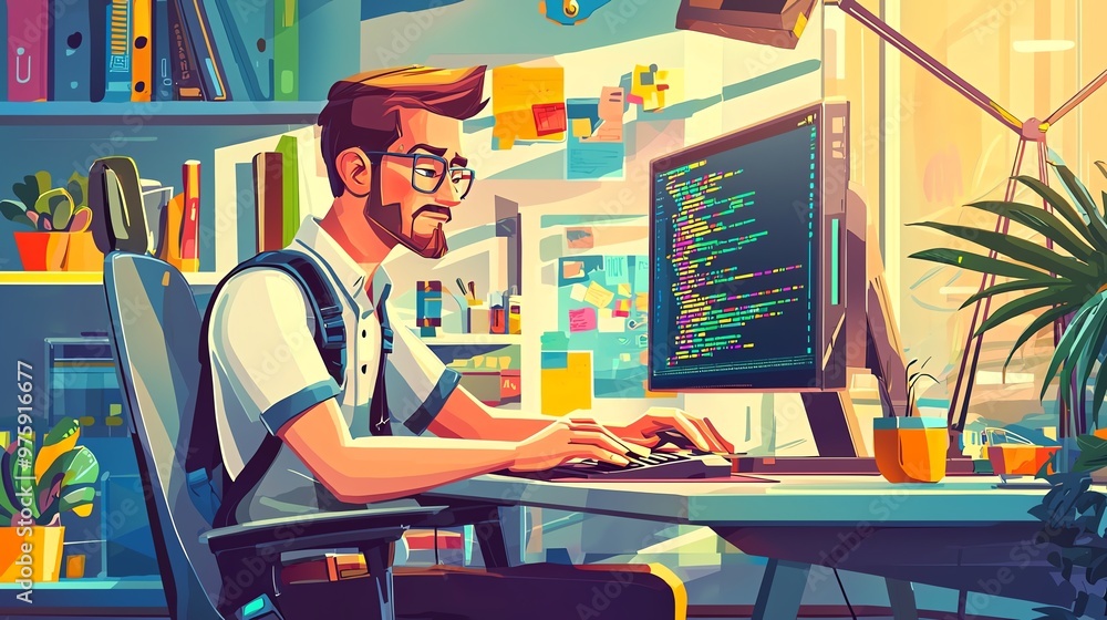 Young bearded programmer working intensely on his computer in a colorful and modern office environment, coding and developing software. Young bearded programmer working intensely on his computer in a colorful and modern office environment, coding and developing software.