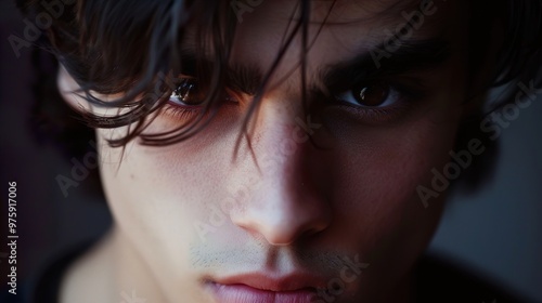 Close-up portrait of a young man with dark hair and intense brown eyes, looking directly at the camera.