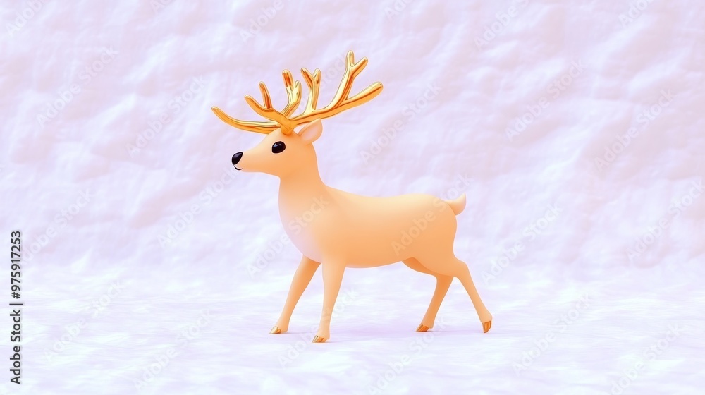 Elegant reindeer icon made of gold, standing against a textured white background with a subtle shadow Elegant reindeer icon made of gold, standing against a textured white background with a subtle shadow