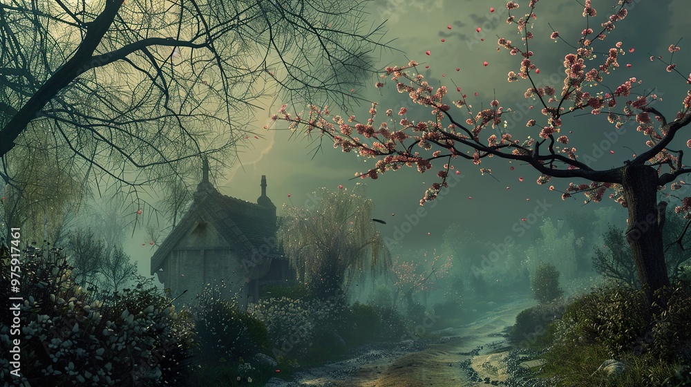 A misty, enchanting forest scene with a quaint cottage, a winding stream, and blooming cherry trees. A misty, enchanting forest scene with a quaint cottage, a winding stream, and blooming cherry trees.
