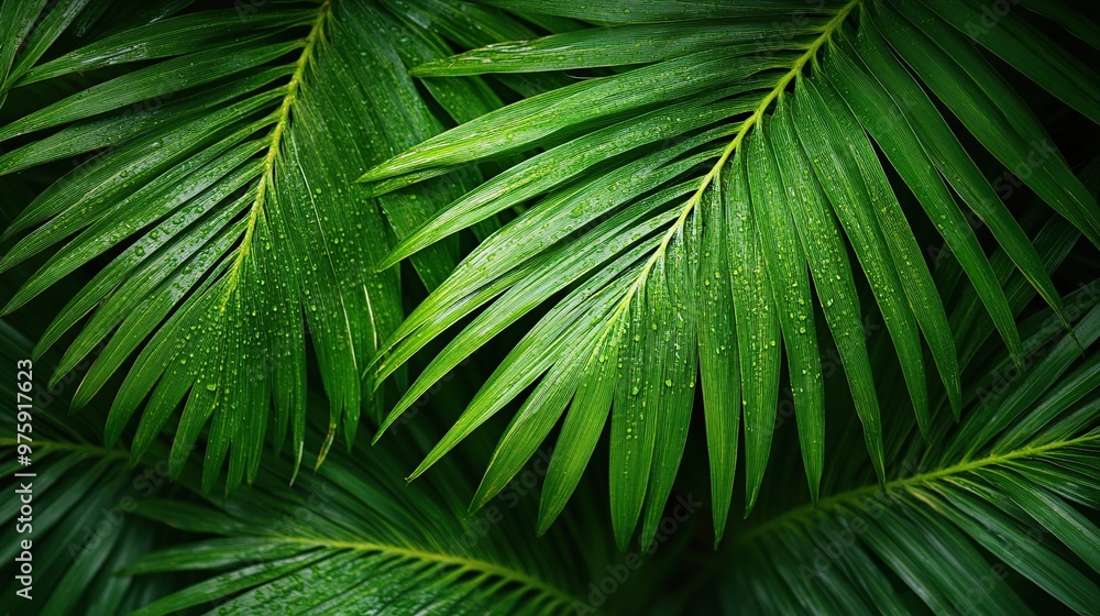 Lush green palm leaves with raindrops. Lush green palm leaves with raindrops.