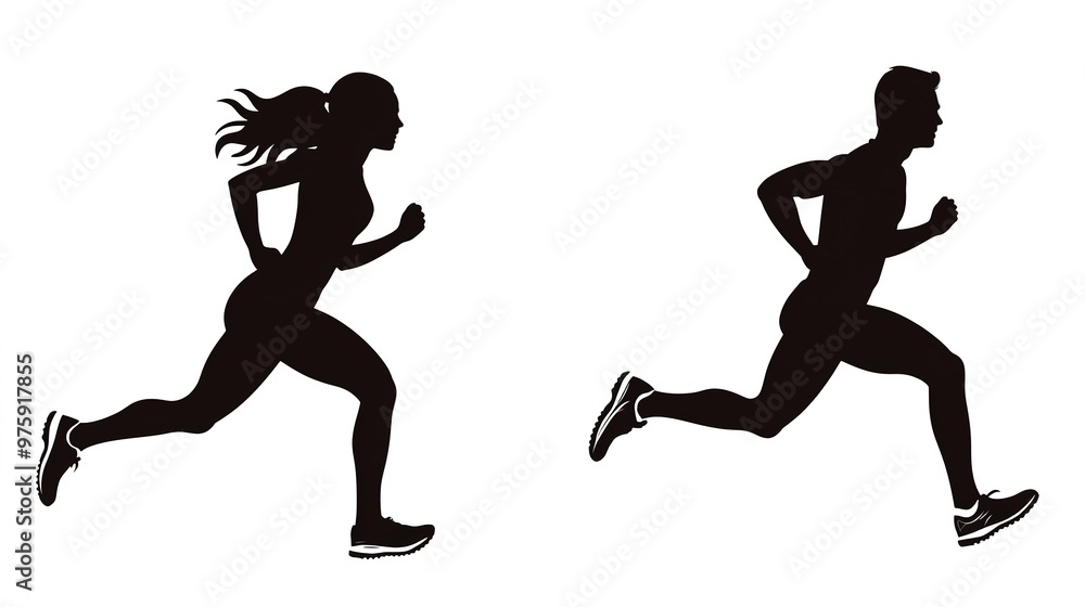 Silhouettes clipart of athlete woman and man running, featuring workout sports, such as jogging, running, sprint, marathon, and physical exercise on white background Silhouettes clipart of athlete woman and man running, featuring workout sports, such as jogging, running, sprint, marathon, and physical exercise on white background