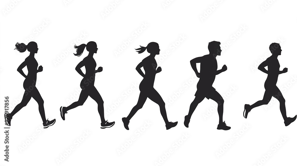 Silhouettes clipart of athlete woman and man running, vectors featuring workout sports, such as jogging, running, sprint, marathon, and physical exercise on white background Silhouettes clipart of athlete woman and man running, vectors featuring workout sports, such as jogging, running, sprint, marathon, and physical exercise on white background