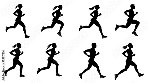 Silhouettes clipart of athlete woman and man running, vectors featuring workout sports, such as jogging, running, sprint, marathon, and physical exercise on white background