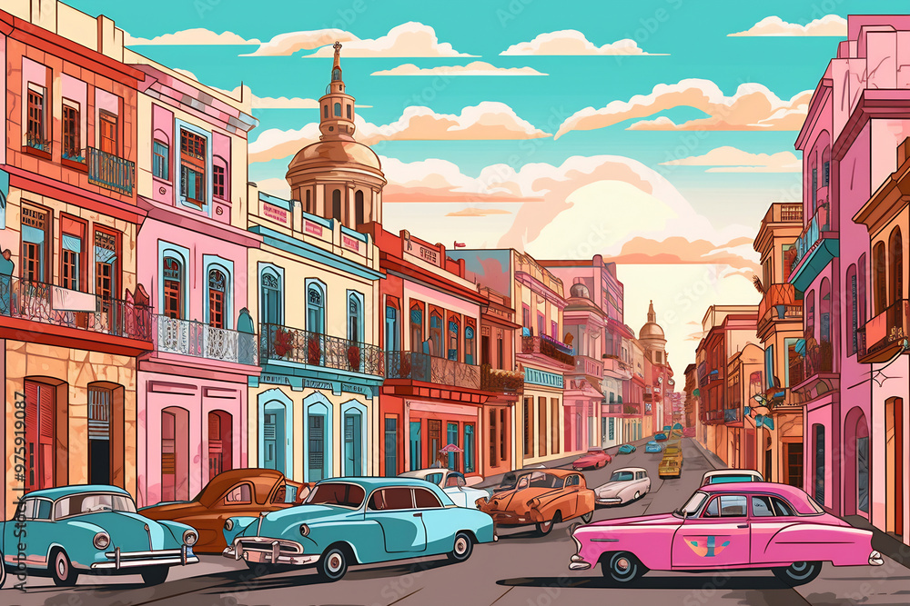 Fototapeta premium Havana urban landscape. Pattern with houses. Illustration