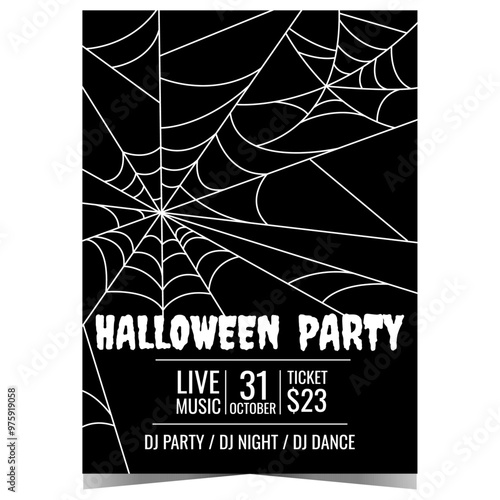 Halloween party invitation poster with spider web on black background. Banner, leaflet or flyer to invite friends for holiday celebration in spooky ambiance with skittish decorations.