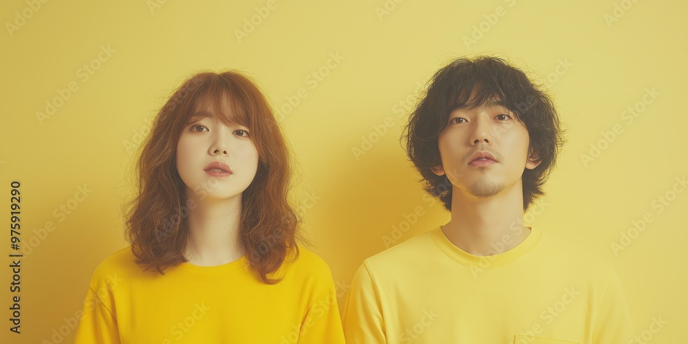 A studio close-up portrait of a young Asian couple wearing casual t-shirts, with a colourful background. A studio close-up portrait of a young Asian couple wearing casual t-shirts, with a colourful background.