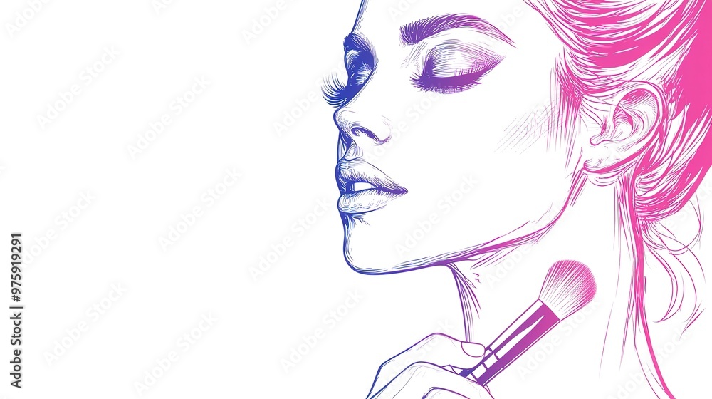 Elegant woman applying makeup with a brush, highlighting beauty and self-care in a chic, artistic style on white background Elegant woman applying makeup with a brush, highlighting beauty and self-care in a chic, artistic style on white background
