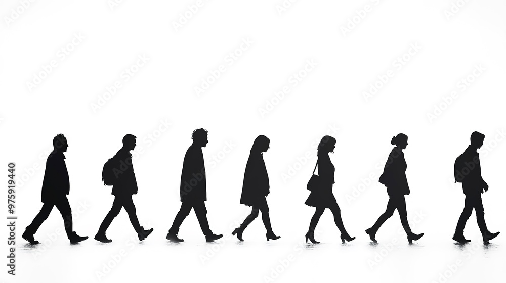 Silhouettes of People Walking in Line on white background Silhouettes of People Walking in Line on white background