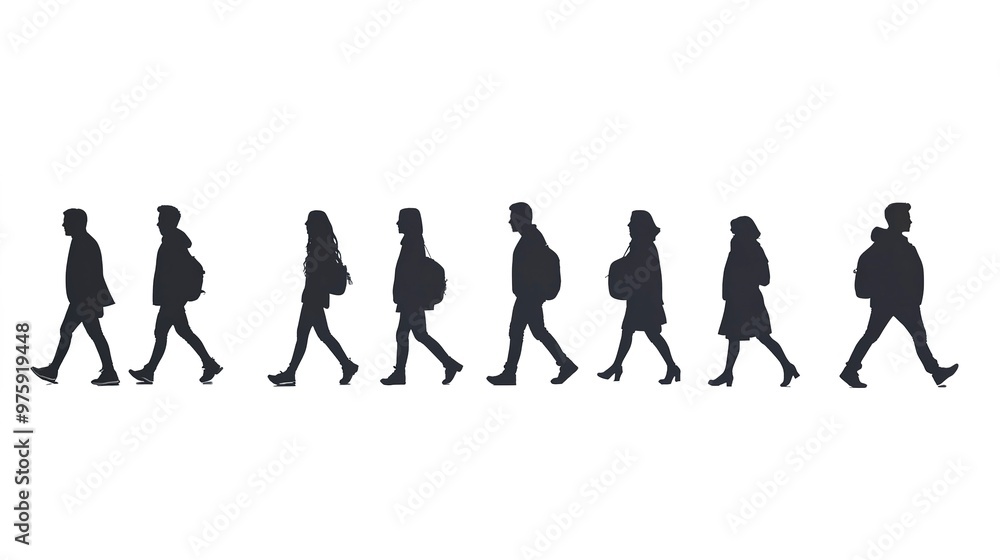 Silhouettes of People Walking in Line on white background Silhouettes of People Walking in Line on white background