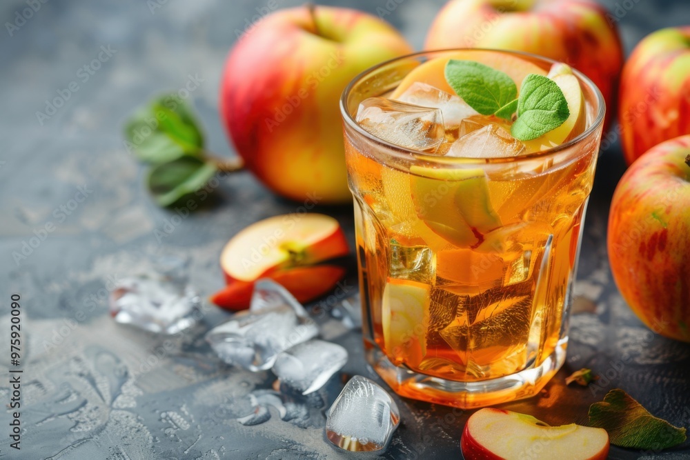 Fresh ice apple juice with ice apple slices, served in a stylish glass, refreshing background Fresh ice apple juice with ice apple slices, served in a stylish glass, refreshing background