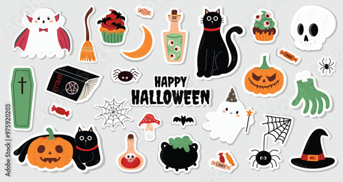 Cute kids Halloween stickers set. Ghosts, spell book, skull, potion, broom, black cat, pumpkins. October holiday stickers, design elements bundle. Isolated flat vector illustrations.