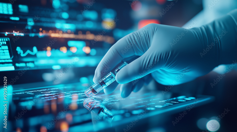 A close-up of a gloved hand sorting vials with a glowing digital interface, showcasing the importance of precision in medical diagnostics and patient care. A close-up of a gloved hand sorting vials with a glowing digital interface, showcasing the importance of precision in medical diagnostics and patient care.