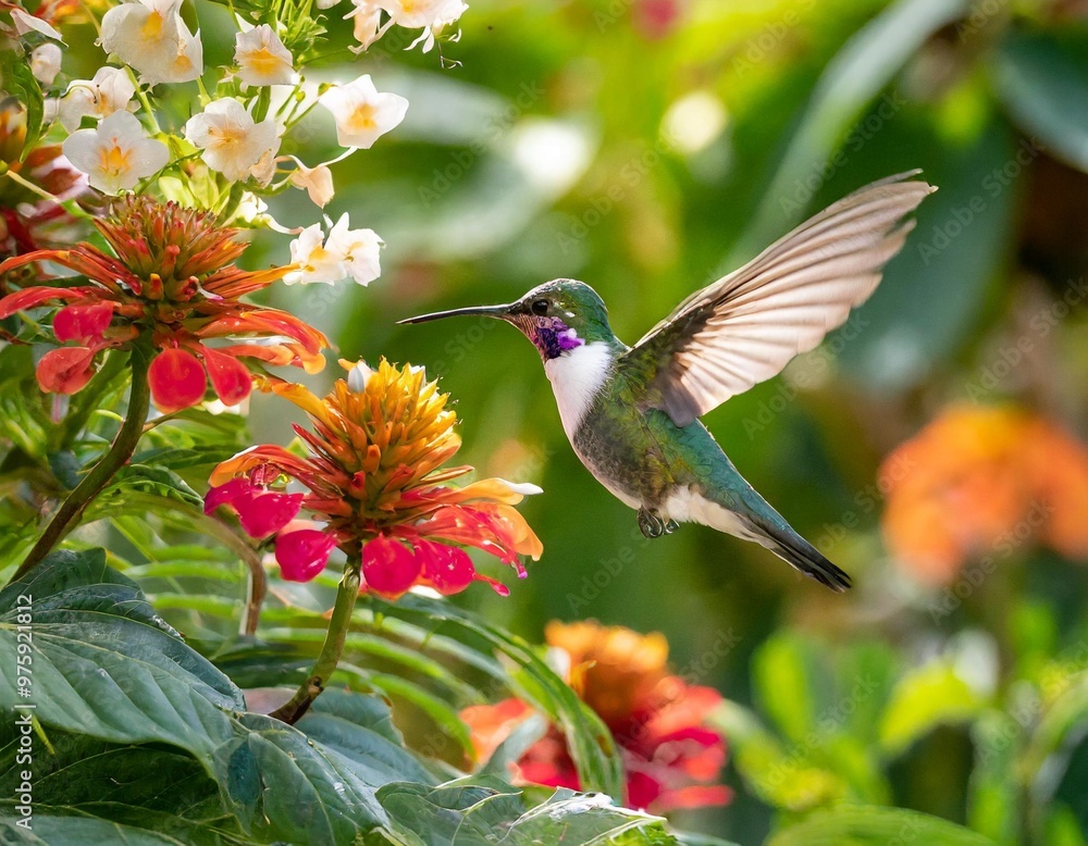Fototapeta premium Hummingbird Hovering Beside Blooming Flowers in a Tropical Garden