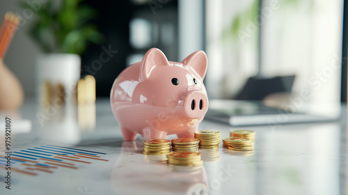 A glossy pink piggy bank with a coin slot on its back, sitting on a reflective marble surface, surrounded by financial graphs and gold coins, symbolizing personal savings and wealt photo