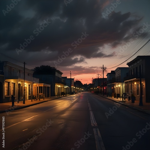 City in the midst of a warm, dusky sunset, a deserted street