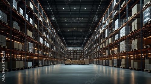 A warehouse with high shelves filled with boxes and pallets of goods.