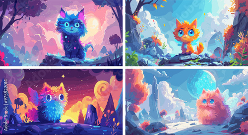 Alien planet cat cartoon vector scenes. Cute tail large eyes rocks stones trees radiant otherworldly feline glow cosmic monster animal creature concepts