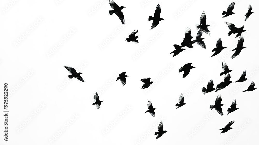 flock of birds flying silhouetted against a white sky on white background flock of birds flying silhouetted against a white sky on white background