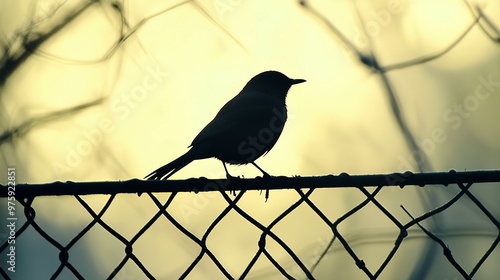 The shadow of a bird perched on a fence, with the shadow creating a detailed outline against the bright, sunlit background