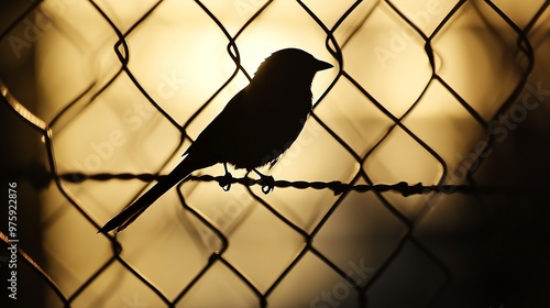 The shadow of a bird perched on a fence, with the shadow creating a detailed outline against the bright, sunlit background 