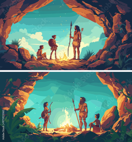 Ancient cavern humans cartoon vector scenes. Early man woman flame beast pelts hides stones boulders campfire hunters warriors figures old camp dwellings concepts