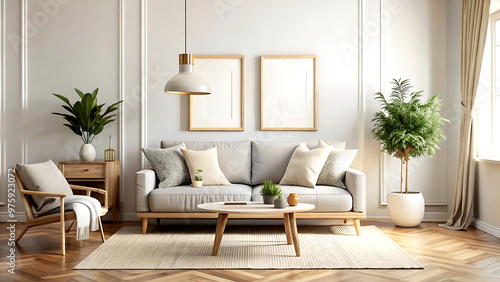 Cozy Scandinavian interior with sofa and minimal decor,3d render, white Mock up frame