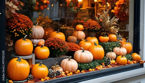 Charming autumn-themed window display featuring inviting pumpkin decor and seasonal accents