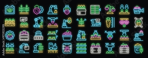 Smart farm and agriculture neon icons set vector. Harvesting robot and automatic irrigation system, smart farm drone and greenhouse, eco farming technology illustrations