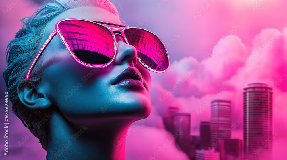 A marble female statue draped in 80s-style neon colors and geometric patterns, wearing reflective aviator sunglasses, set against a surreal cityscape with floating clouds and glowi A marble female statue draped in 80s-style neon colors and geometric patterns, wearing reflective aviator sunglasses, set against a surreal cityscape with floating clouds and glowi