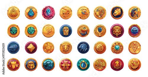 Ancient egyptian money cartoon vector set. Historic gold sovereigns pharaoh plaques scarab amulets medals tokens currency values precious alloys cash artworks isolated on white background