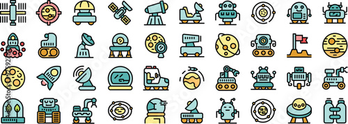 Space exploration and colonization icons set, outline style