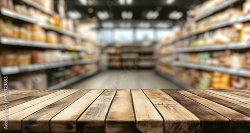 Wooden table top with a blurred background of a supermarket interior, featuring shelves full of products for product display or montage