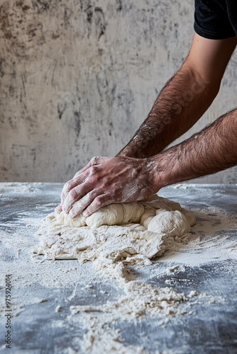 Men's hands knead the dough