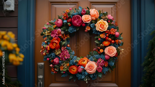 Floral Wreath on Wooden Door - Photo