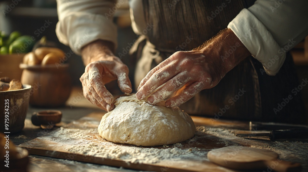 Artisanal Baking Hands Kneading Dough for Homemade Bread in Rustic Kitchen Setting Artisanal Baking Hands Kneading Dough for Homemade Bread in Rustic Kitchen Setting