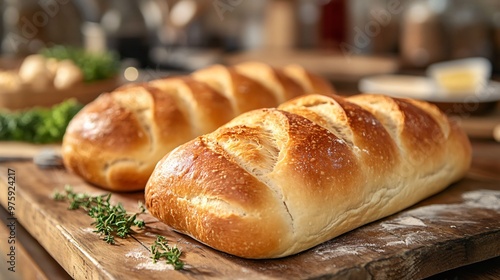 Rustic Kitchen Scene with Freshly Baked Homemade Bread on Wooden Table | Cozy Atmosphere with Organic Ingredients