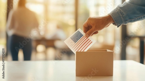 A person casting a vote by placing a ballot with the American flag into a cardboard box in a bright, modern setting.