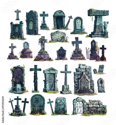 Ancient gothic burial cartoon vector set. Rocky roots cross stone cemetery creepy sepulchers broken sarcophagi historic old spooky graveyard haunted isolated assets